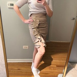 Nanette Lapore Knee Length Tan Pencil Skirt With Slit and Ruffle Size 6